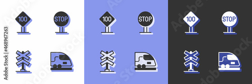 Set High-speed train, Speed limit traffic sign 100 km, Railroad crossing and Stop icon. Vector