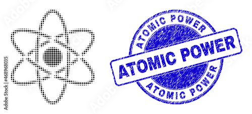 Atom halftone dotted icon with Atomic Power seal stamp. Blue vector round grunge stamp with Atomic Power title inside round form. Halftone atom icon array contains circle points.