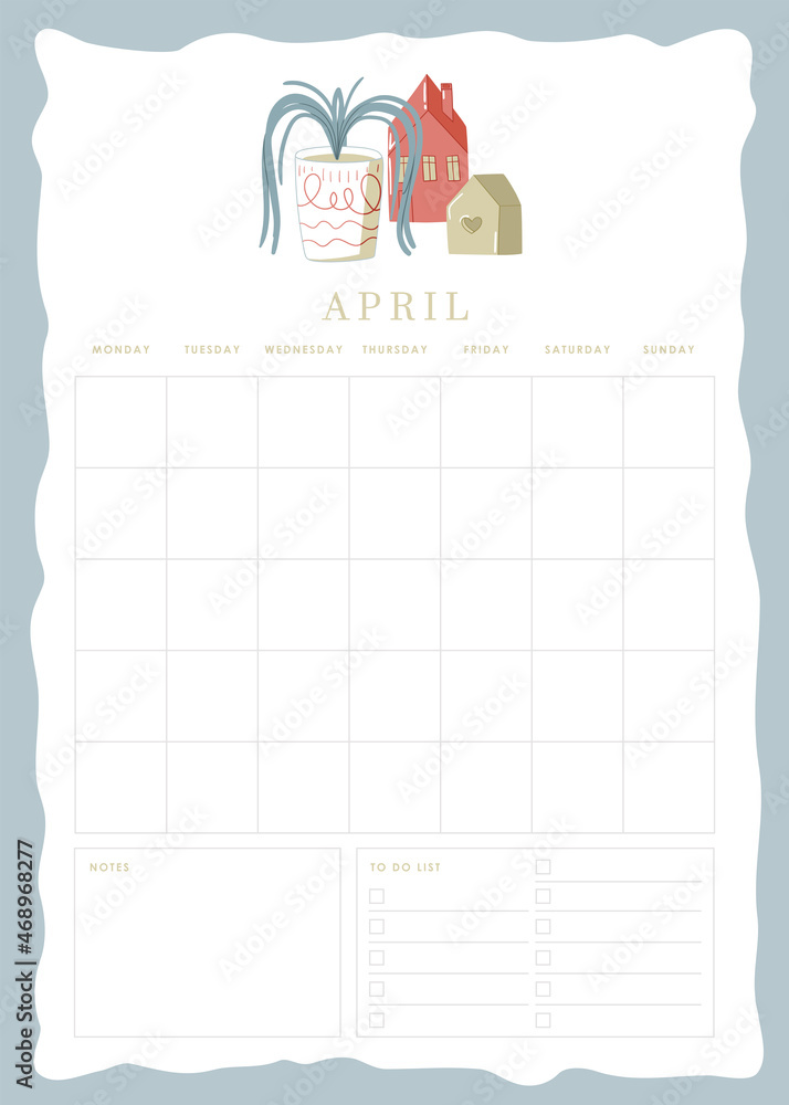 April planner template page with notes and to do checkbox list and cute