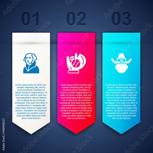 Set George Washington, Baseball glove with ball and Sheriff cowboy. Business infographic template. Vector