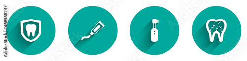 Set Dental protection, Tube of toothpaste, Electric toothbrush and Broken icon with long shadow. Vector