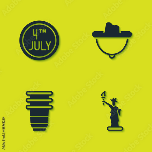 Set Calendar with date July 4, Statue of Liberty, Paper glass and Western cowboy hat icon. Vector