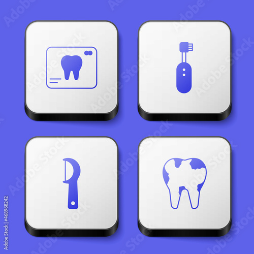 Set X-ray of tooth, Electric toothbrush, Dental floss and Broken icon. White square button. Vector