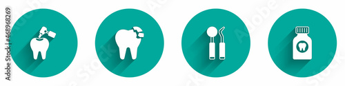 Set Tooth with caries and drill, Broken tooth, Dental mirror probe and Toothache painkiller tablet icon with long shadow. Vector