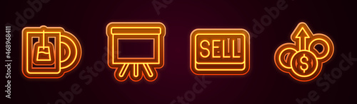 Set line Cup of tea, Chalkboard, Sell button and Financial growth dollar. Glowing neon icon. Vector