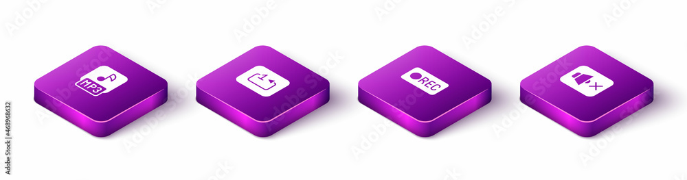 Set Isometric MP3 file, Repeat track music player, Record button and Speaker mute icon. Vector Set Isometric MP3 file, Repeat track music player, Record button and Speaker mute icon. Vector