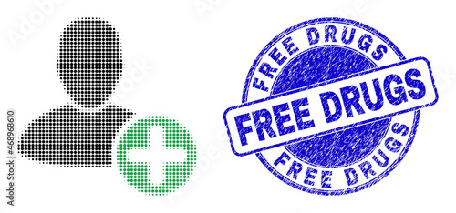 Add user halftone dotted icon with Free Drugs seal. Blue vector rounded grunge seal stamp with Free Drugs title inside circle form. Halftone add user icon pattern contains circle points.