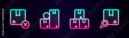 Set line Carton cardboard box, and Search package. Glowing neon icon. Vector