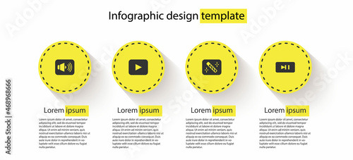 Set Speaker volume, Play button, Photo retouching and Pause. Business infographic template. Vector