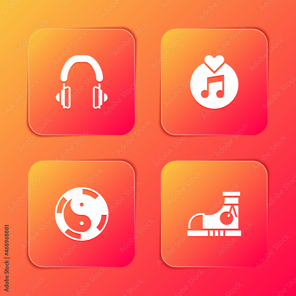 Set Headphones, Vinyl disk, Yin Yang symbol and Sneakers icon. Vector Set Headphones, Vinyl disk, Yin Yang symbol and Sneakers icon. Vector