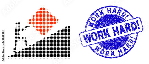 Absurd work halftone dotted icon with Work Hard! seal stamp. Blue vector round textured seal with Work Hard! title inside round form. Halftone absurd work icon pattern contains round pixels.