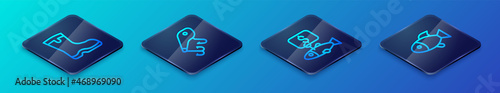 Set Isometric line Price tag for fish, Fishing boots, and lure icon. Vector