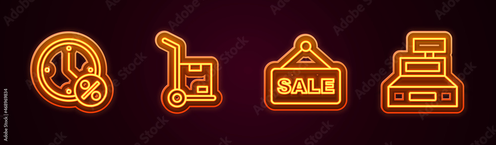 Set line Clock and percent discount, Hand truck boxes, Hanging sign with text Sale and Cash register machine. Glowing neon icon. Vector Set line Clock and percent discount, Hand truck boxes, Hanging sign with text Sale and Cash register machine. Glowing neon icon. Vector