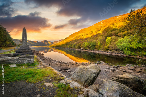 Sunset Crafnant Lake Obelisk Snowdonia north Wales UK  photo