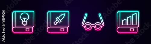 Set line User manual, Book about weapon, Glasses and Financial book. Glowing neon icon. Vector