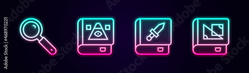 Set line Magnifying glass, Ancient magic book, Book about weapon and geometry. Glowing neon icon. Vector