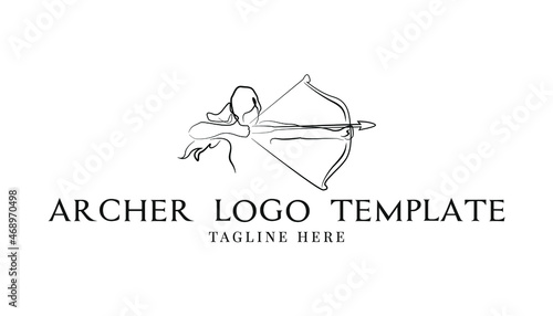 Archer logo inspiration design template. Girl archer line art vector illustration logo design. Bow and arrows icon logo for branding identity. Archer athlete vector element. Feminine gaming mascot.
