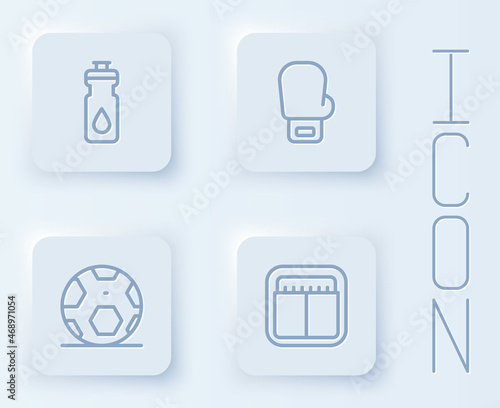 Set line Fitness shaker, Boxing glove, Soccer football ball and Sport mechanical scoreboard. White square button. Vector
