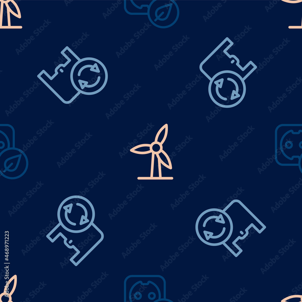 Set line Electrical outlet, Shopping bag with recycle and Wind turbine on seamless pattern. Vector Set line Electrical outlet, Shopping bag with recycle and Wind turbine on seamless pattern. Vector