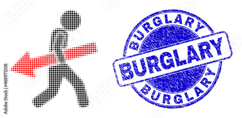 Arrow delivery man halftone dotted icon with Burglary seal. Blue vector round textured seal stamp with Burglary title inside round shape. Halftone arrow delivery man icon array contains round dots.