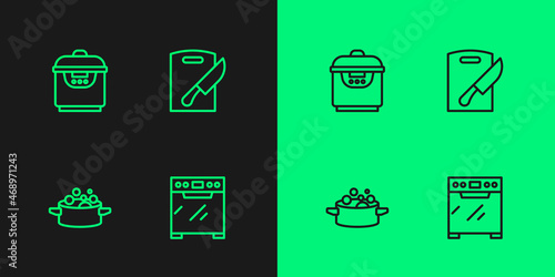 Set line Oven, Cooking pot, Slow cooker and Cutting board and knife icon. Vector