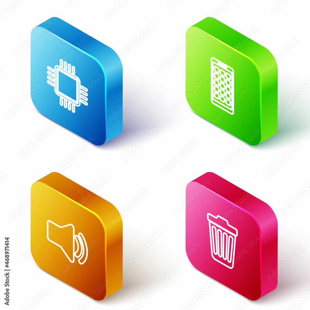 Fototapeta premium Set Isometric line Processor with CPU, Mobile Apps, Speaker volume and Trash can icon. Vector