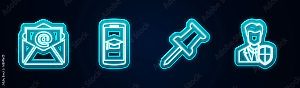 Set line Mail and e-mail, Graduation cap on mobile, Push pin and User protection. Glowing neon icon. Vector Set line Mail and e-mail, Graduation cap on mobile, Push pin and User protection. Glowing neon icon. Vector