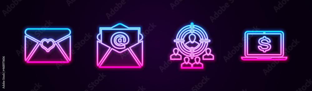 Set line Envelope with Valentine heart, Mail and e-mail, Marketing target strategy and Laptop dollar. Glowing neon icon. Vector Set line Envelope with Valentine heart, Mail and e-mail, Marketing target strategy and Laptop dollar. Glowing neon icon. Vector