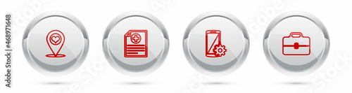 Set line Map pointer with heart, Clinical record, Setting on smartphone and Toolbox. Silver circle button. Vector