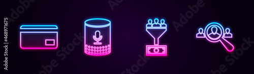 Set line Credit card, Voice assistant, Lead management and Magnifying glass for search people. Glowing neon icon. Vector