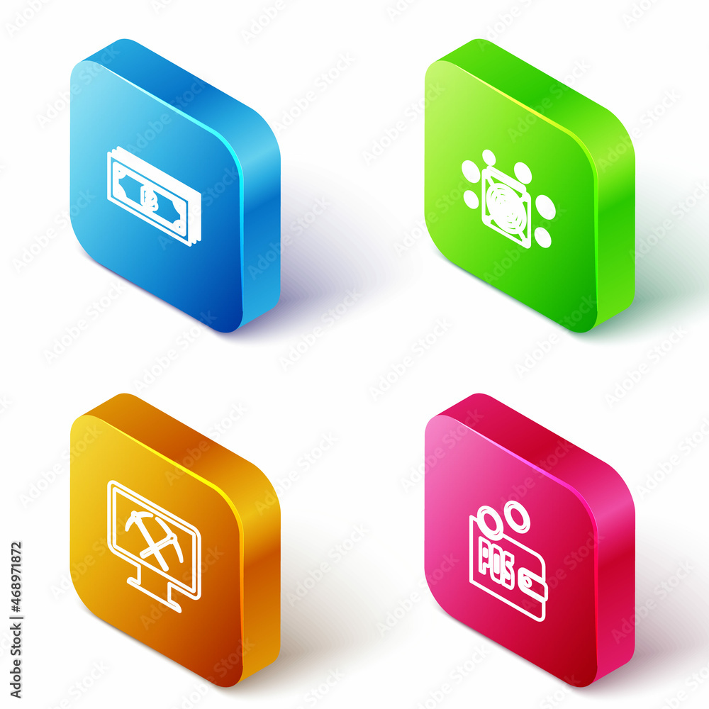 Set Isometric line Cryptocurrency bitcoin, ASIC Miner, Mining with monitor and pickaxe and Proof of stake icon. Vector Set Isometric line Cryptocurrency bitcoin, ASIC Miner, Mining with monitor and pickaxe and Proof of stake icon. Vector