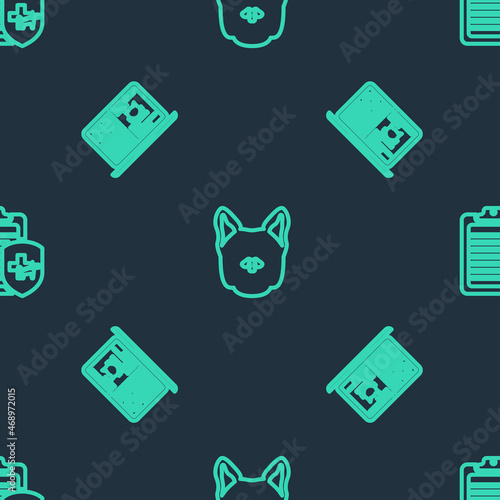 Set line Dog, Clinical record cat on laptop and pet on seamless pattern. Vector