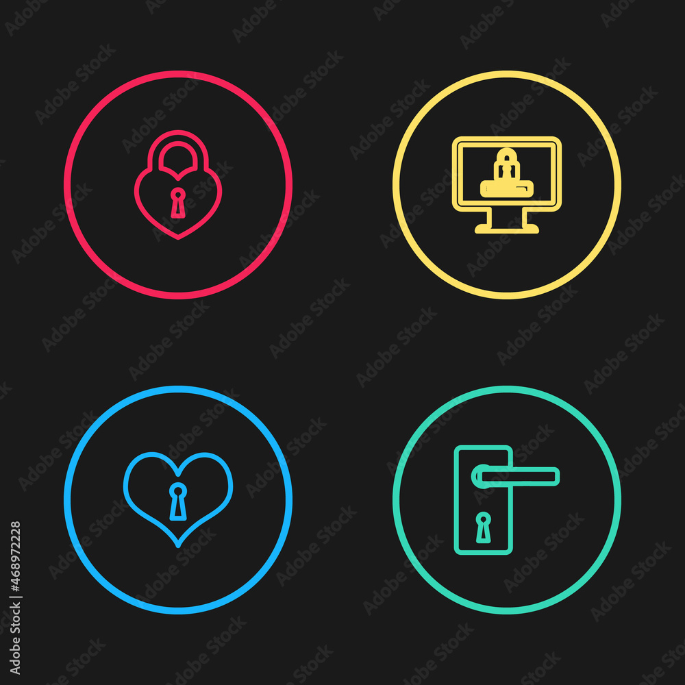 Set line Heart with keyhole, Door handle, Monitor password and Castle in the shape of heart icon. Vector Set line Heart with keyhole, Door handle, Monitor password and Castle in the shape of heart icon. Vector