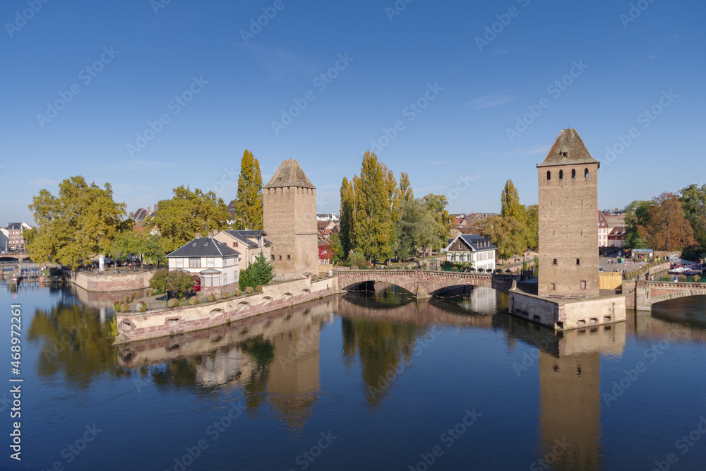 France, Alsace, View of Strasbourg old town cityscape from Barrage Vauban promenade France, Alsace, View of Strasbourg old town cityscape from Barrage Vauban promenade
