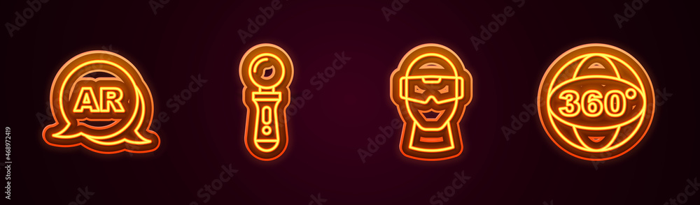 Set line Augmented reality AR, VR controller game, Virtual glasses and 360 degree view. Glowing neon icon. Vector Set line Augmented reality AR, VR controller game, Virtual glasses and 360 degree view. Glowing neon icon. Vector