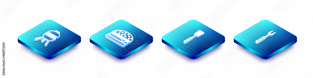 Set Isometric line Barbecue grill, Burger, spatula and fork icon. Vector Set Isometric line Barbecue grill, Burger, spatula and fork icon. Vector