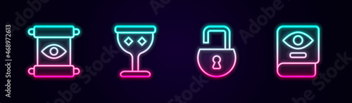 Set line Magic scroll, Medieval goblet, Open padlock and Ancient magic book. Glowing neon icon. Vector