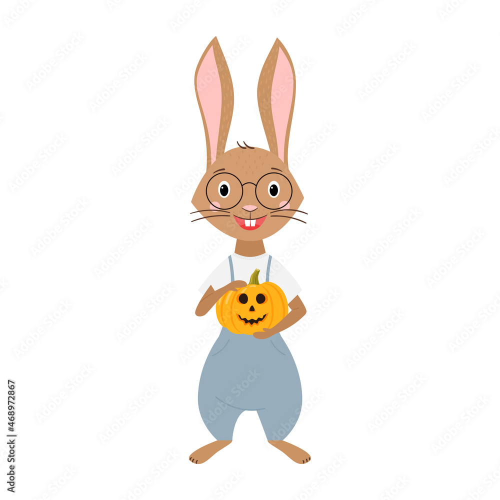 Cute brown rabbit with a Halloween pumpkin in his hands. The symbol of the year 2023, the year of the rabbit according to the lunar calendar. Vector illustration, hand-drawn, isolated on a white Cute brown rabbit with a Halloween pumpkin in his hands. The symbol of the year 2023, the year of the rabbit according to the lunar calendar. Vector illustration, hand-drawn, isolated on a white