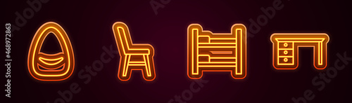 Set line Pouf, Chair, Bunk bed and Office desk. Glowing neon icon. Vector