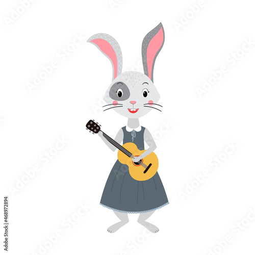 Cute gray bunny girl plays guitar and sings. The symbol of the year 2023, the year of the rabbit according to the lunar calendar. Vector illustration, hand-drawn, isolated on a white background.