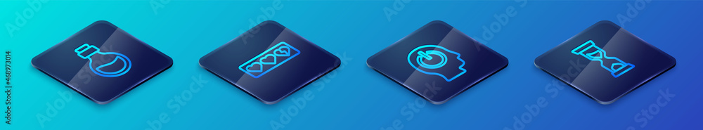 Set Isometric line Power button, Bottle with magic elixir, Old hourglass and Game life bar icon. Vector Set Isometric line Power button, Bottle with magic elixir, Old hourglass and Game life bar icon. Vector