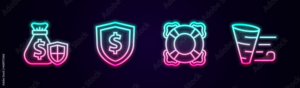 Set line Money bag with shield, Shield dollar, Lifebuoy and Tornado. Glowing neon icon. Vector Set line Money bag with shield, Shield dollar, Lifebuoy and Tornado. Glowing neon icon. Vector