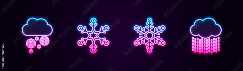 Set line Cloud with snow, Snowflake, and rain. Glowing neon icon. Vector Set line Cloud with snow, Snowflake, and rain. Glowing neon icon. Vector