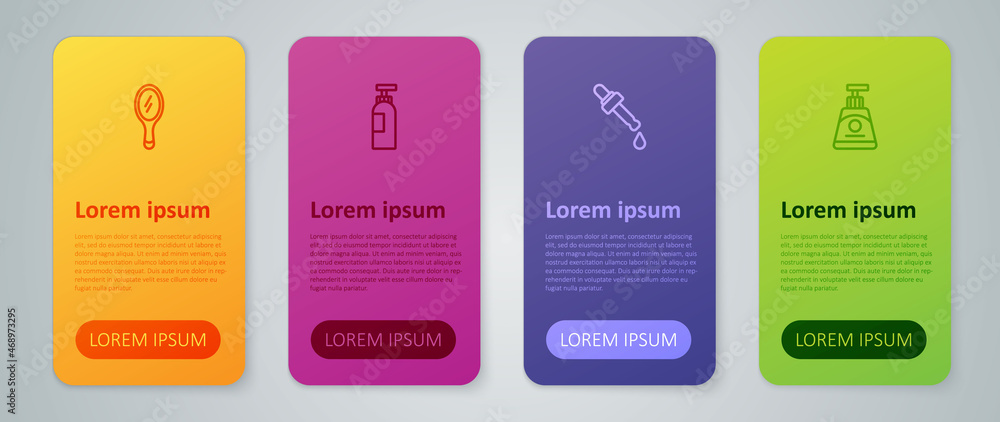 Set line Pipette with oil, Cream or lotion cosmetic tube, Hand mirror and Bottle of shampoo. Business infographic template. Vector Set line Pipette with oil, Cream or lotion cosmetic tube, Hand mirror and Bottle of shampoo. Business infographic template. Vector
