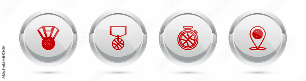 Fototapeta premium Set line Basketball medal, , Stopwatch with basketball and Location. Silver circle button. Vector