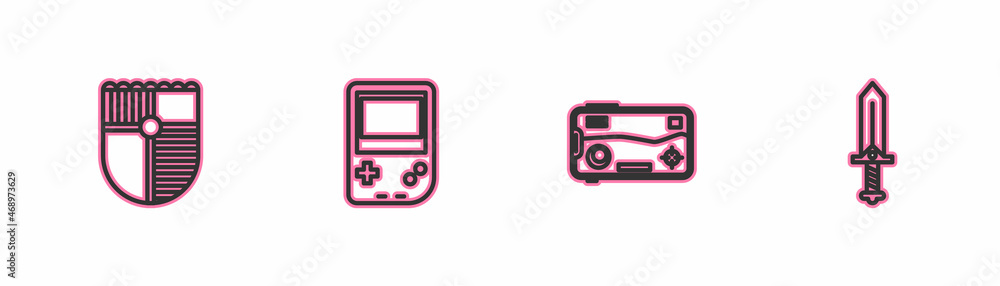 Set line Shield for game, Mobile and playing in, Portable video console and Sword icon. Vector Set line Shield for game, Mobile and playing in, Portable video console and Sword icon. Vector