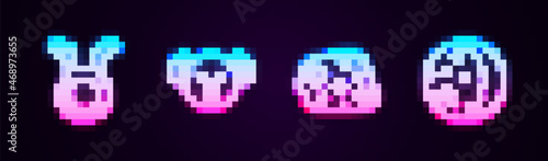 Set line Taurus zodiac, Dog, Asteroid and Eclipse of the sun. Glowing neon icon. Vector