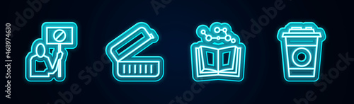Set line Nature saving protest, Lunch box, Open book and Paper glass. Glowing neon icon. Vector
