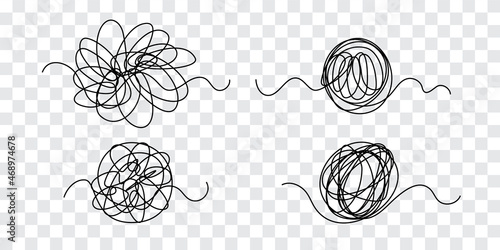 Tangle tangled thread. Doodle illustration of chaotic thread in a circle, scribble line. Yarn, twine in the ball. Hand drawn vector illustration.