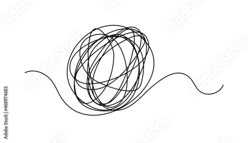 Tangle tangled thread. Doodle illustration of chaotic thread in a circle, scribble line. Yarn, twine in the ball. Hand drawn vector illustration.